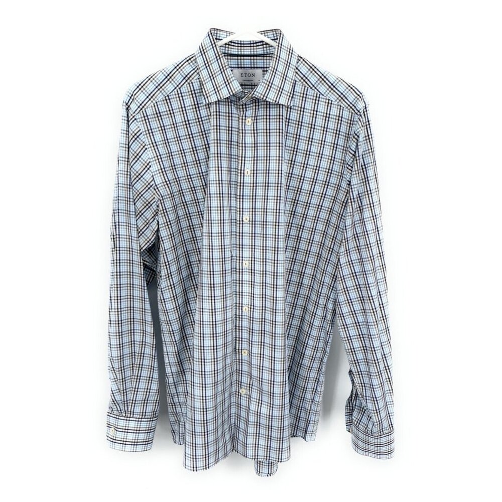 Eton Shirt Mens Blue Brown Check Contemporary Button‎ Up Long Sleeve 41 16